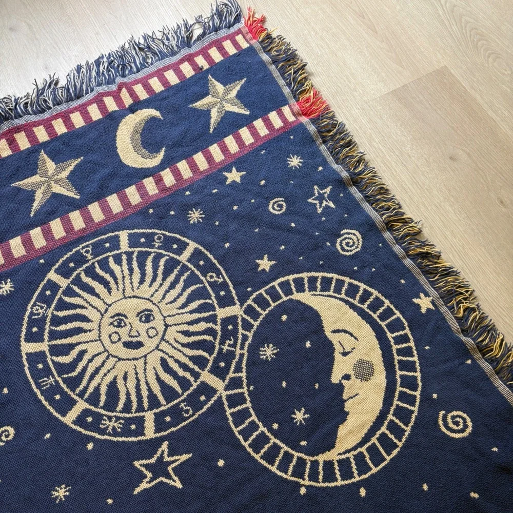 Vintage Celestial Sun Moon Stars Woven Tapestry Throw Blanket Navy Gold 48x60